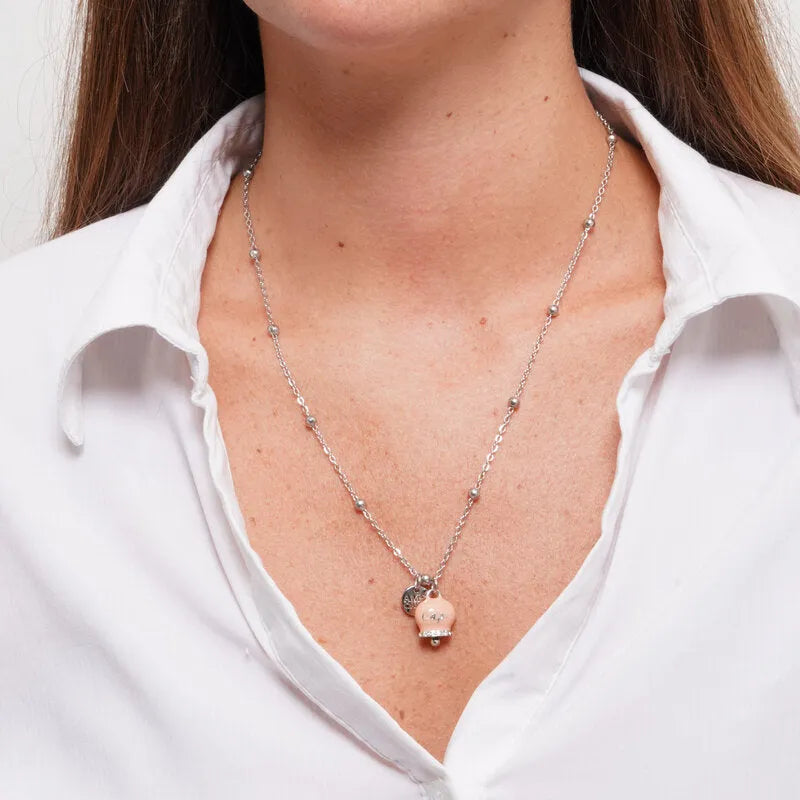 AMO CAPRI - STAINLESS STEEL NECKLACE POWDER PINK BELL WITH CAPRI LETTERING AND CRYSTALS