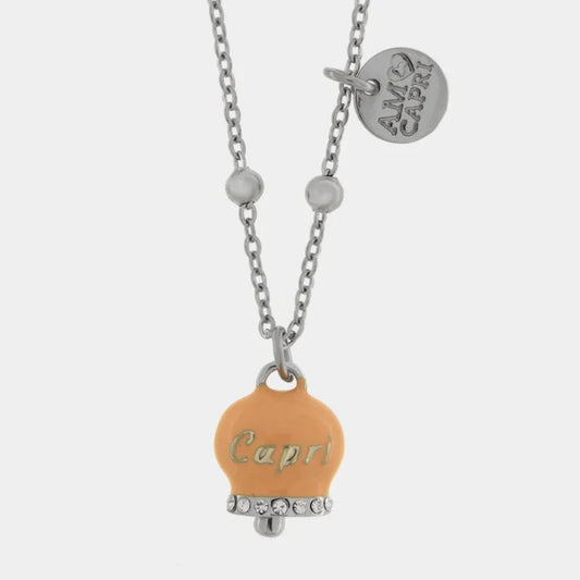AMO CAPRI - COLLANA IN ACCIAIO CAMPANELLA CIPRIA SCRITTA CAPRI CON CRISTALLI