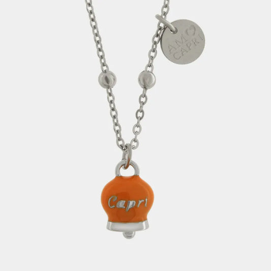 AMO CAPRI - COLLANA IN ACCIAIO CAMPANELLA ARANCIO SCRITTA CAPRI