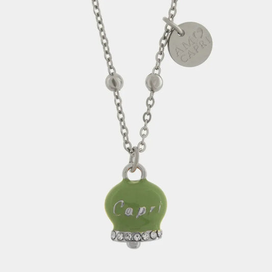 AMO CAPRI - COLLANA IN ACCIAIO CAMPANELLA VERDE MILITARE SCRITTA CAPRI CON CRISTALLI