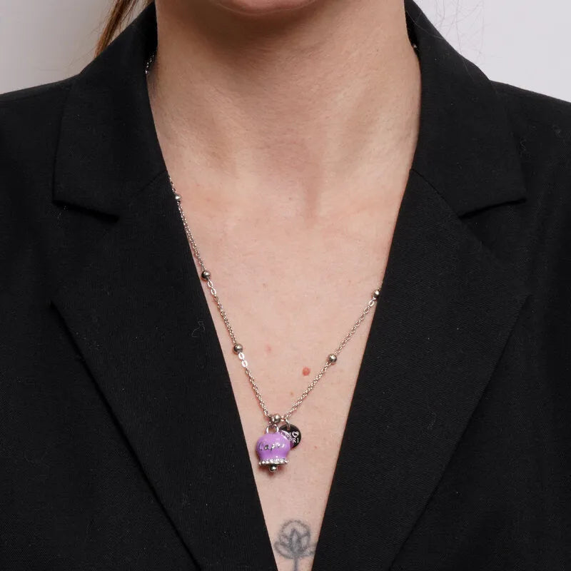 AMO CAPRI - COLLANA IN ACCIAIO CAMPANELLA AMETHYST ORCHID SCRITTA CAPRI CON CRISTALLI