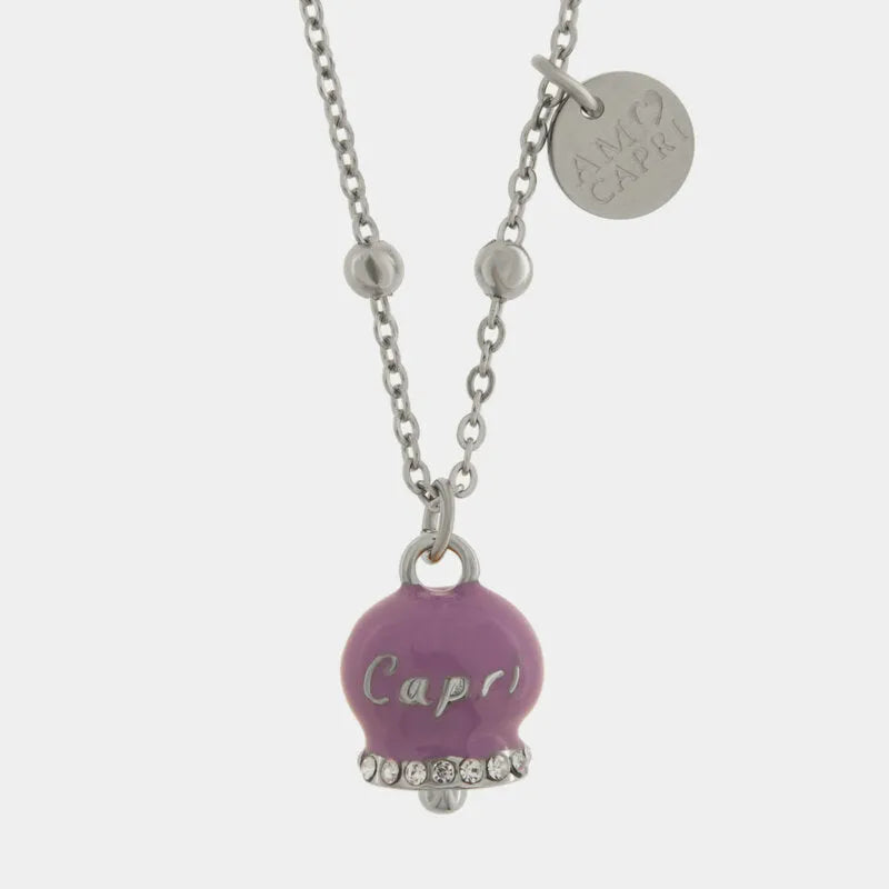 AMO CAPRI - COLLANA IN ACCIAIO CAMPANELLA AMETHYST ORCHID SCRITTA CAPRI CON CRISTALLI