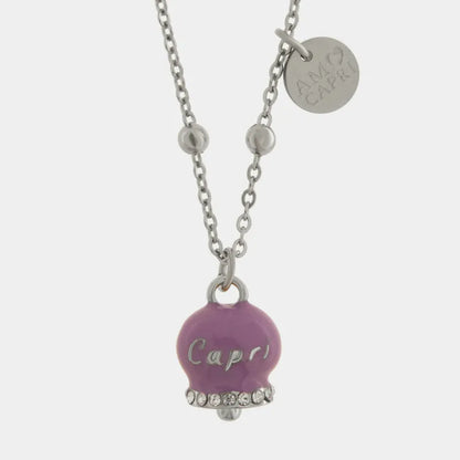 AMO CAPRI - COLLANA IN ACCIAIO CAMPANELLA AMETHYST ORCHID SCRITTA CAPRI CON CRISTALLI