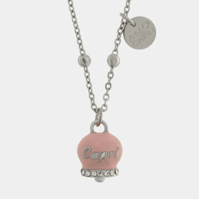 AMO CAPRI - COLLANA IN ACCIAIO CAMPANELLA TICKLED PINK SCRITTA CAPRI CON CRISTALLI