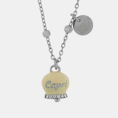 AMO CAPRI - COLLANA IN ACCIAIO CAMPANELLA PALE BANANA SCRITTA CAPRI CON CRISTALLI
