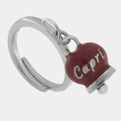 AMO CAPRI - ANELLO ACCIAIO RODIO CON CAMPANELLA MINI BORGOGNA E SCRITTA CAPRI