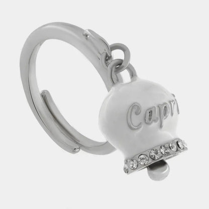 AMO CAPRI - ANELLO ACCIAIO CON CAMPANELLA SMALTO BIANCO E CRISTALLI
