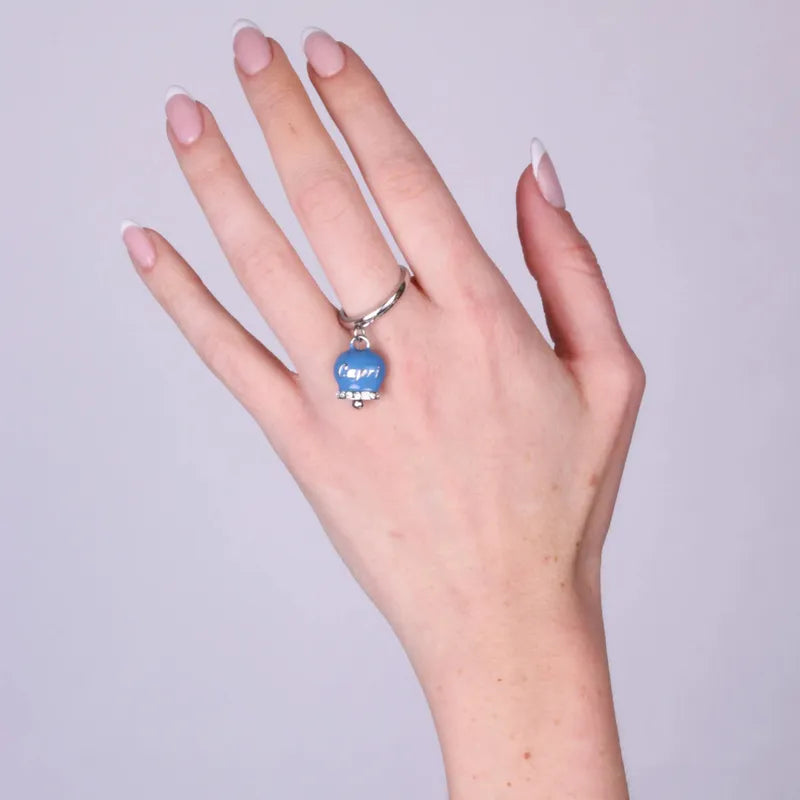 AMO CAPRI - ANELLO ACCIAIO CON CAMPANELLA SMALTO AVIO E CRISTALLI