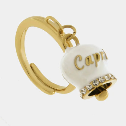 AMO CAPRI - ANELLO ACCIAIO DORATO CON CAMPANELLA SMALTO BIANCO E CRISTALLI