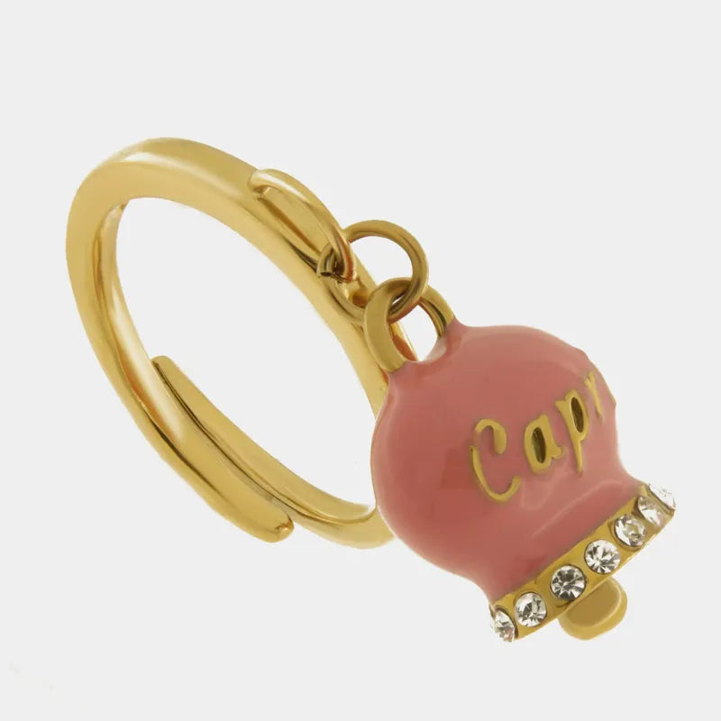 AMO CAPRI - ANELLO ACCIAIO DORATO CON CAMPANELLA SMALTO ROSA E CRISTALLI