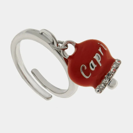 AMO CAPRI - ANELLO ACCIAIO CON CAMPANELLA SMALTO ROSSO E CRISTALLI