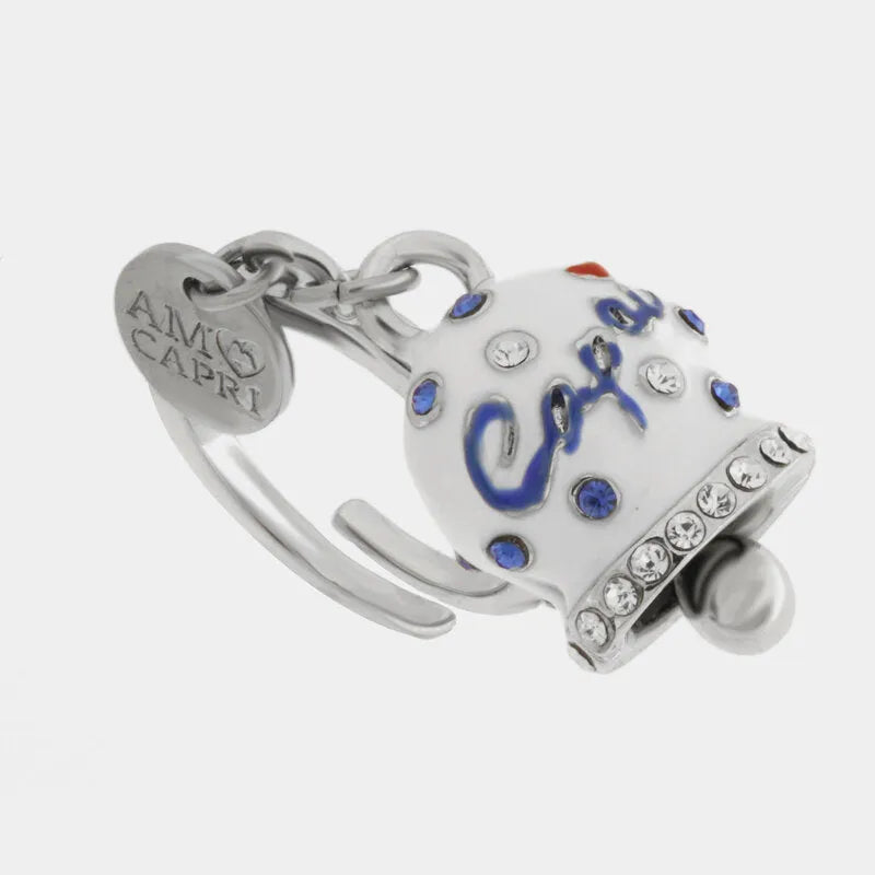 AMO CAPRI - ANELLO ACCIAIO CON CAMPANELLA BIANCA E POIS BLU