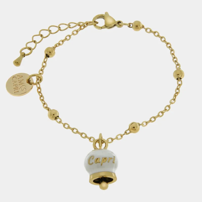 AMO CAPRI - BRACCIALE IN ACCIAIO DORATO MINI CAMPANELLA BIANCA SCRITTA CAPRI