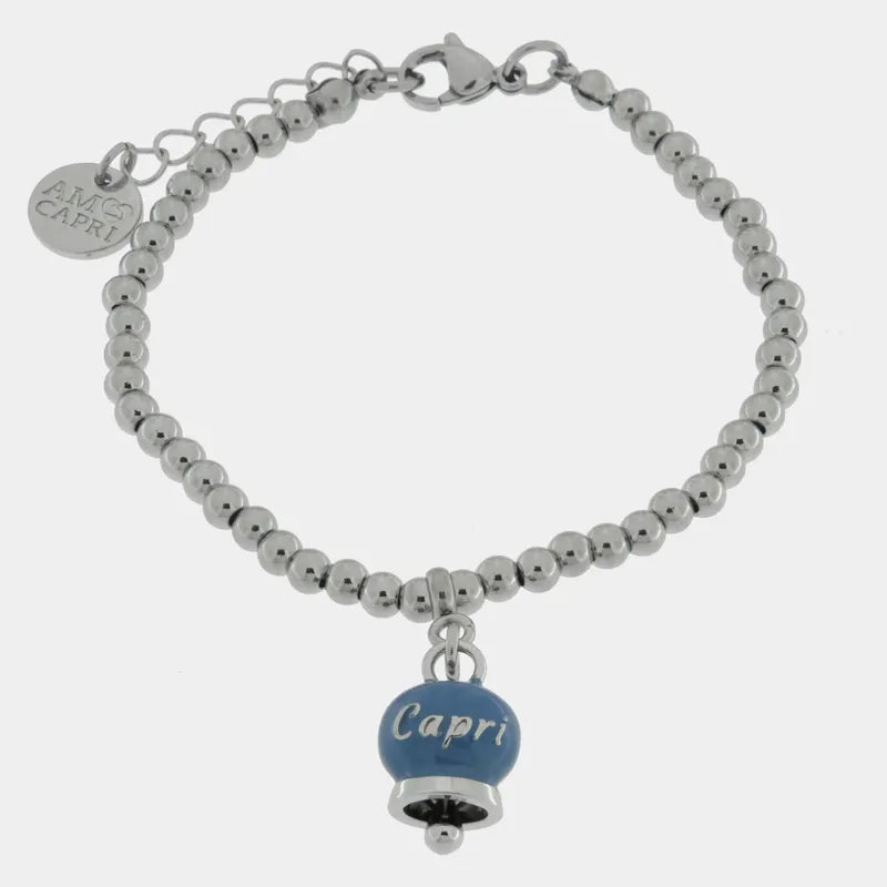 AMO CAPRI - BRACCIALE IN ACCIAIO CON CAMPANELLA AVIO PICCOLA SCRITTA CAPRI