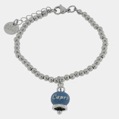 AMO CAPRI - BRACCIALE IN ACCIAIO CON CAMPANELLA AVIO PICCOLA SCRITTA CAPRI