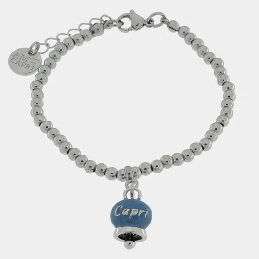 AMO CAPRI - BRACCIALE IN ACCIAIO CON CAMPANELLA AVIO PICCOLA SCRITTA CAPRI