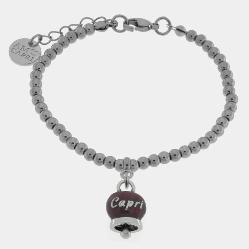 AMO CAPRI - BRACCIALE IN ACCIAIO CON CAMPANELLA SMALTO BORGOGNA E SCRITTA CAPRI