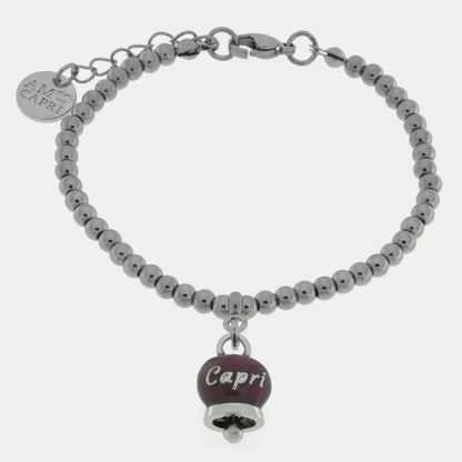 AMO CAPRI - BRACCIALE IN ACCIAIO CON CAMPANELLA SMALTO BORGOGNA E SCRITTA CAPRI