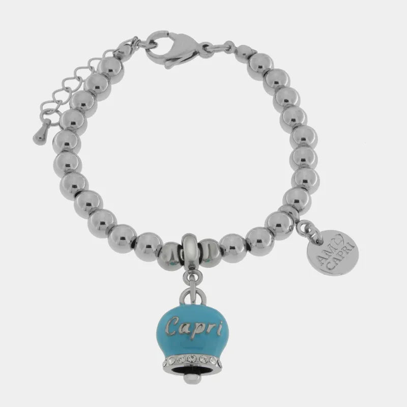AMO CAPRI - BRACCIALE IN ACCIAIO CON CAMPANELLA TURCHESE SCRITTA CAPRI E CRISTALLI