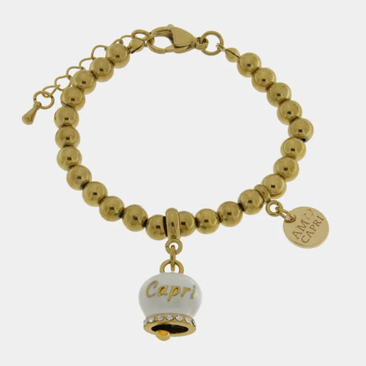 AMO CAPRI - BRACCIALE IN ACCIAIO DORATO CAMPANELLA BIANCA E CRISTALLI