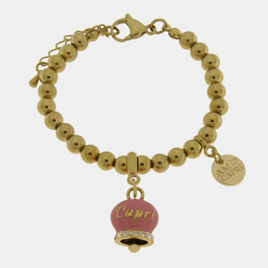 AMO CAPRI - BRACCIALE IN ACCIAIO DORATO CON CAMPANELLA ROSA SCRITTA CAPRI