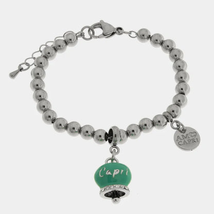 AMO CAPRI - BRACCIALE IN ACCIAIO RODIO CAMPANELLA TIFFANY E SCRITTA CAPRI CON CRISTALLI