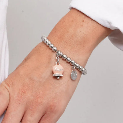 AMO CAPRI - RHODIUM-PLATED STEEL BRACELET WITH ANTIQUE ROSE BELL AND CAPRI SCRIPT WITH CRYSTALS