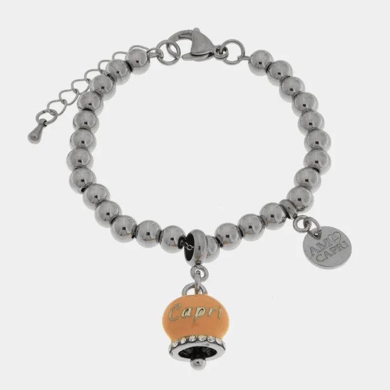 AMO CAPRI - RHODIUM-PLATED STEEL BRACELET WITH ANTIQUE ROSE BELL AND CAPRI SCRIPT WITH CRYSTALS