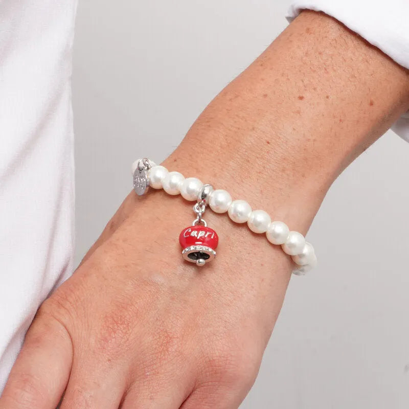AMO CAPRI - BRACCIALE PERLE CAMPANELLA ROSSO SCRITTA CAPRI CON CRISTALLI