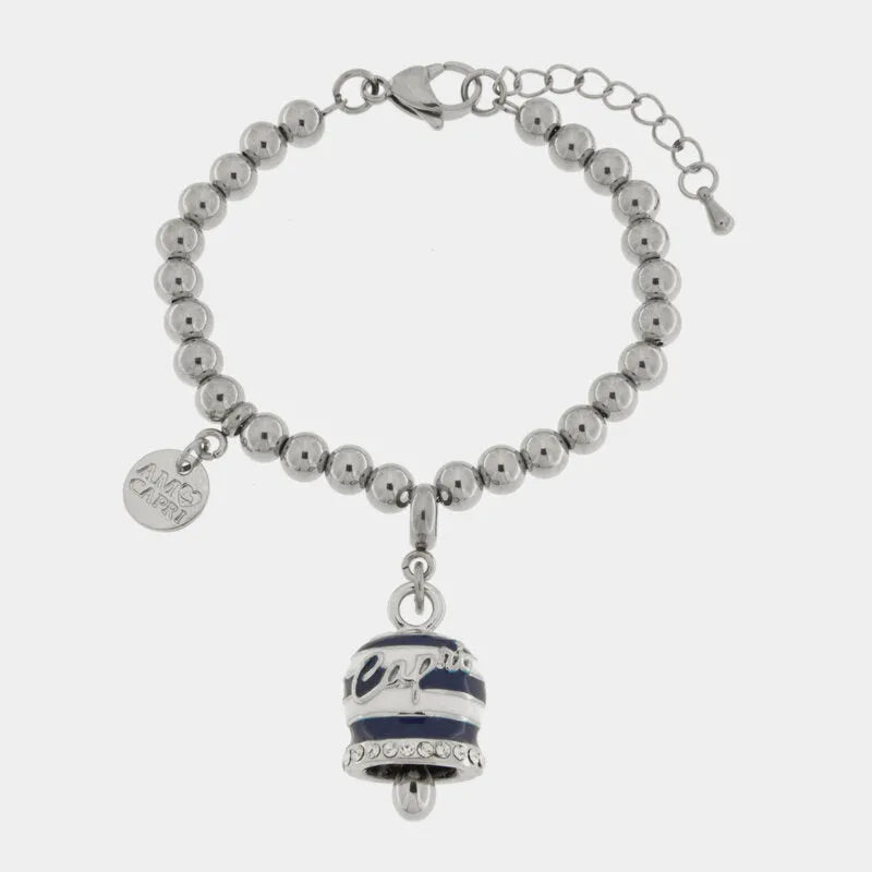 AMO CAPRI - BRACCIALE IN ACCIAIO CON CAMPANELLA RIGHE BIANCHE E BLU