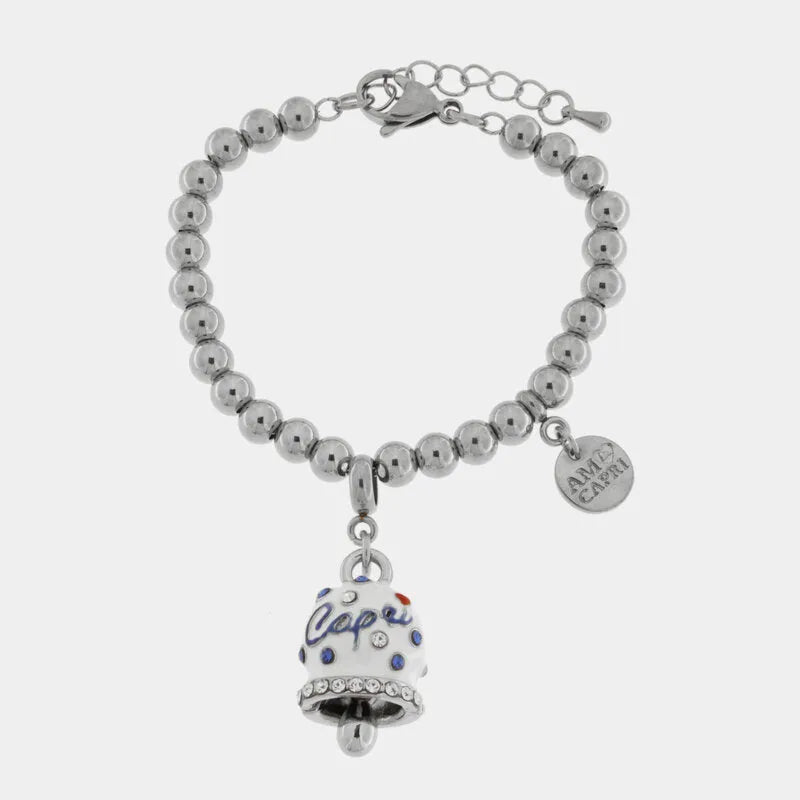 AMO CAPRI - BRACCIALE IN ACCIAIO CON CAMPANELLA BIANCA E POIS BLU