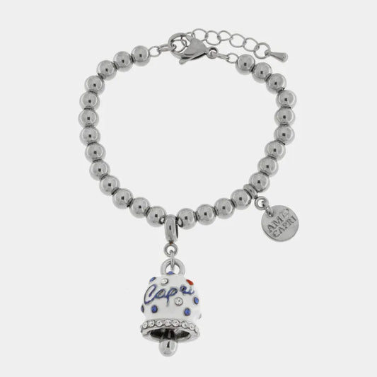 AMO CAPRI - BRACCIALE IN ACCIAIO CON CAMPANELLA BIANCA E POIS BLU