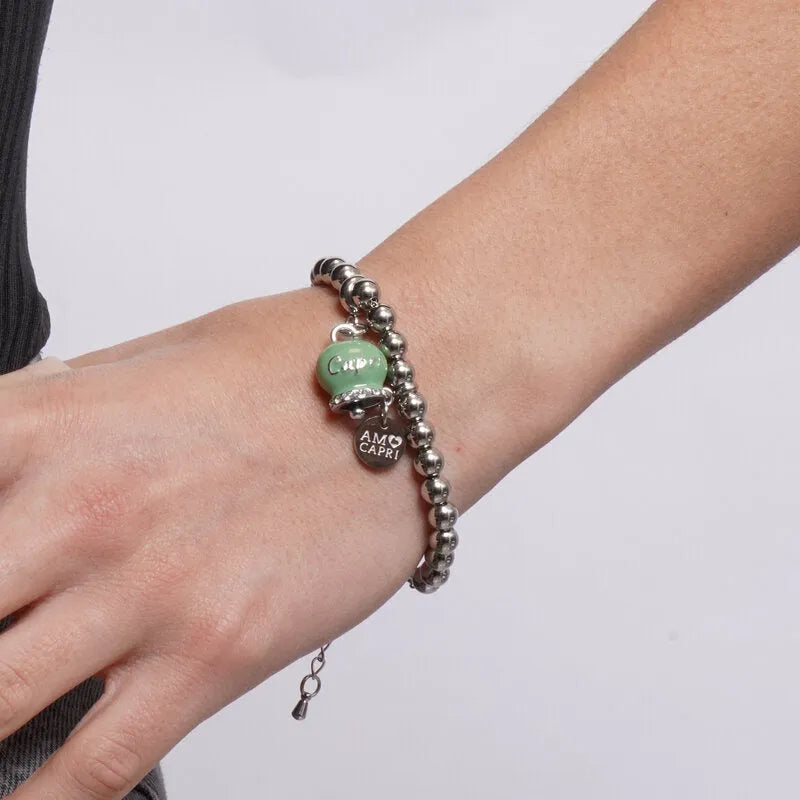 AMO CAPRI - BRACCIALE ACCIAIO CAMPANELLA VERDE SCRITTA CAPRI CON CRISTALLI