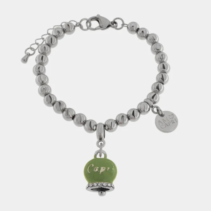 AMO CAPRI - BRACCIALE ACCIAIO CAMPANELLA VERDE SCRITTA CAPRI CON CRISTALLI