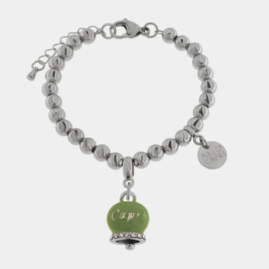 AMO CAPRI - BRACCIALE ACCIAIO CAMPANELLA VERDE SCRITTA CAPRI CON CRISTALLI