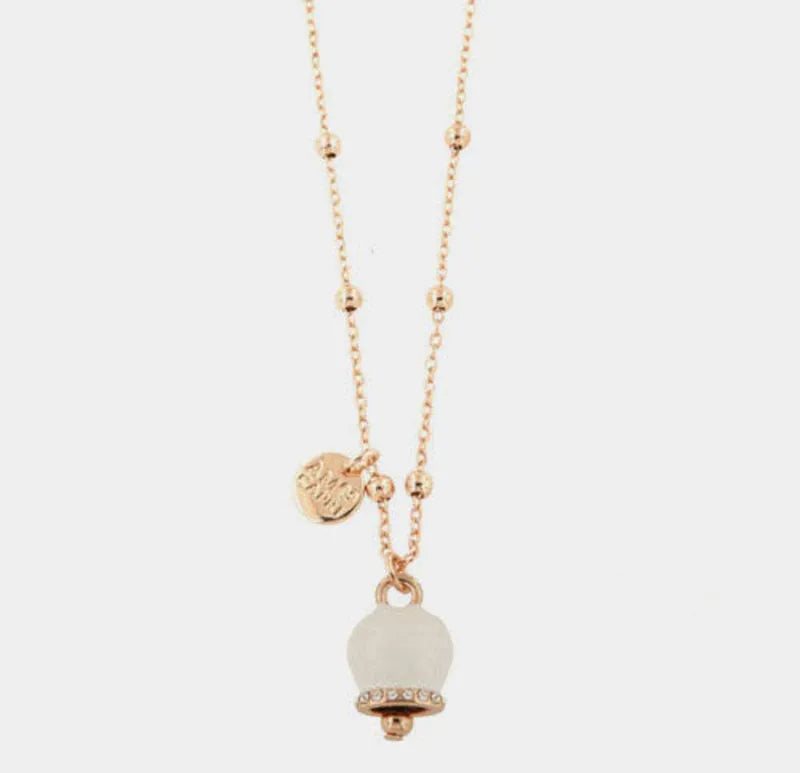 AMO CAPRI -  COLLANA METALLO ROSE' E CAMPANELLA SMALTO BIANCO