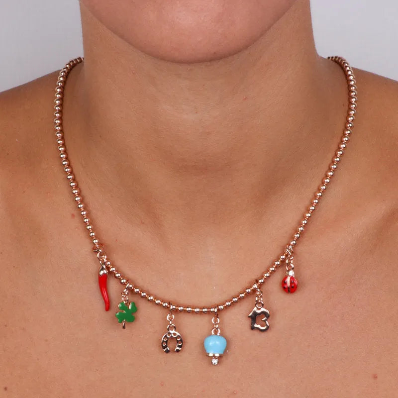 AMO CAPRI -  COLLANA METALLO ROSE' E SIMBOLI NAPOLETANI