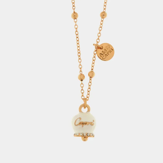 AMO CAPRI - COLLANA METALLO ROSE' CON CAMPANELLA BIANCA SCRITTA CAPRI