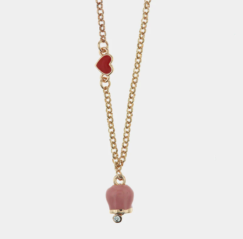 COLLANA IN METALLO ROSE' CAMPANELLA ROSA E CUORE