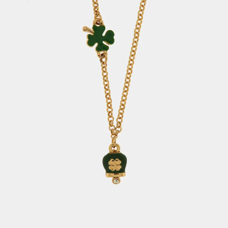 AMO CAPRI - COLLANA IN METALLO DORATO CAMPANELLA VERDE E QUADRIFOGLIO