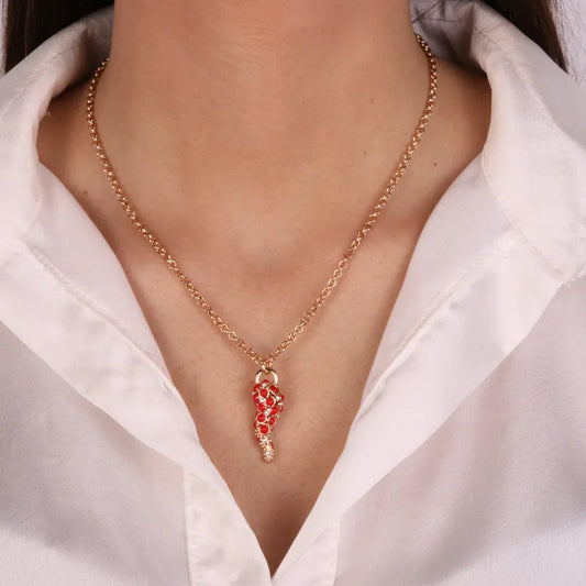 AMO NAPOLI -  COLLANA IN METALLO DORATO CON CORNO E SFERE ROSSE