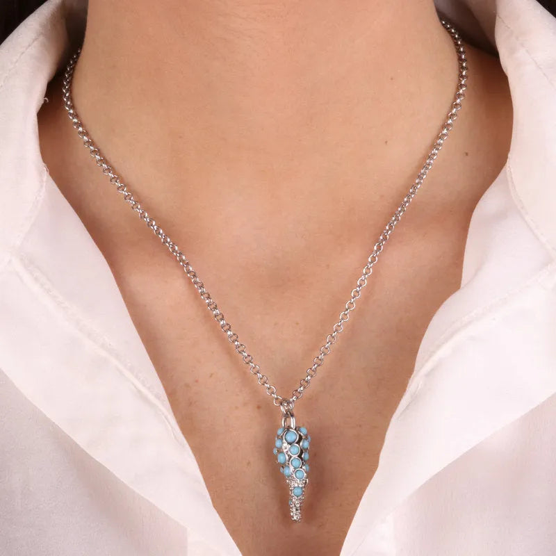 I LOVE NAPLES - RHODIUM PLATED METAL NECKLACE WITH HORN AND TURQUOISE BEADS