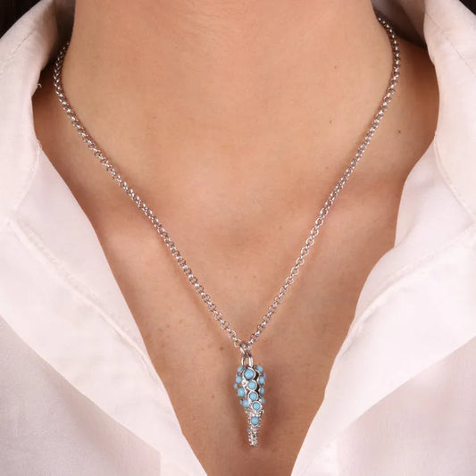 AMO NAPOLI -  COLLANA IN METALLO RODIO CON CORNO E SFERE TURCHESI