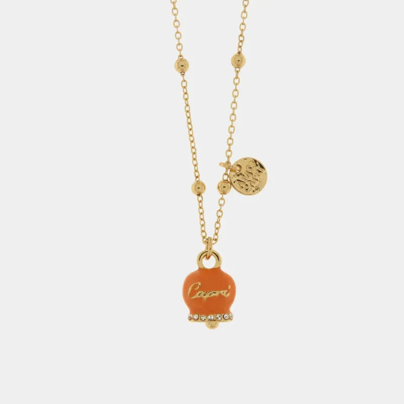 AMO CAPRI - COLLANA IN METALLO DORATO CAMPANELLA ARANCIO E SCRITTA CAPRI