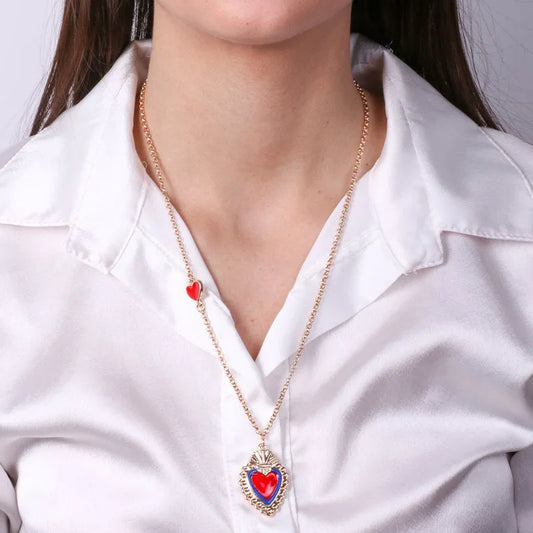 AMO NAPOLI - COLLANA METALLO DORATO CON CUORE SACRO ROSSO E BLU
