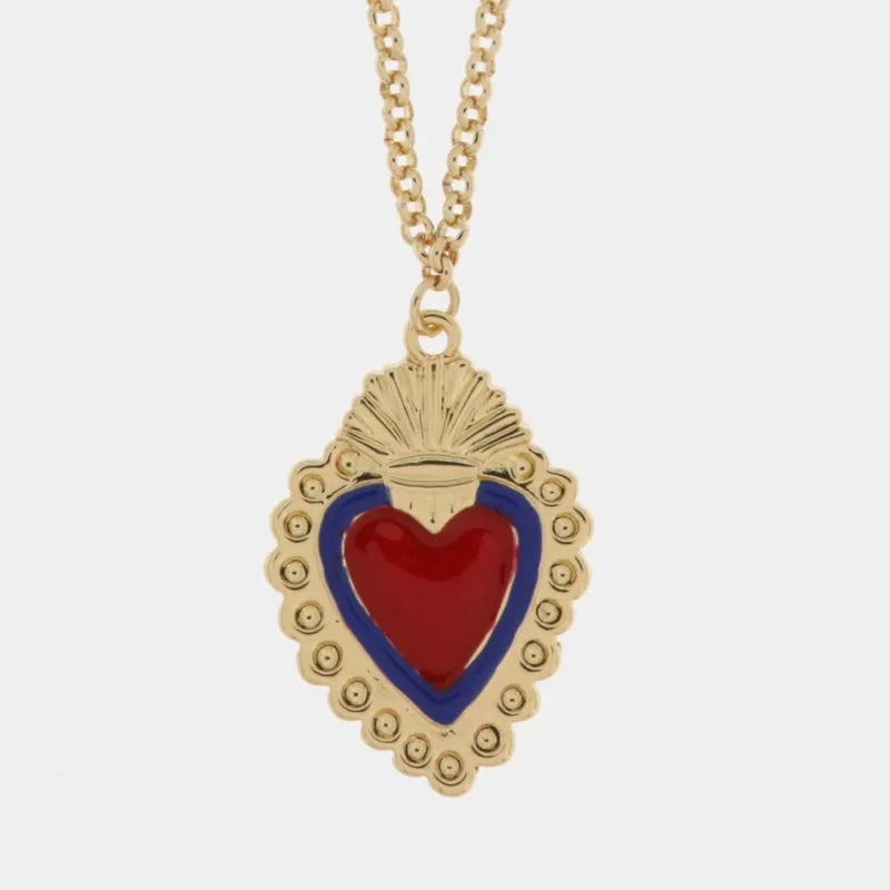 AMO NAPOLI - COLLANA METALLO DORATO CON CUORE SACRO ROSSO E BLU