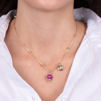AMO CAPRI - MINI GOLD-TONE METAL NECKLACE WITH BURGUNDY BELL