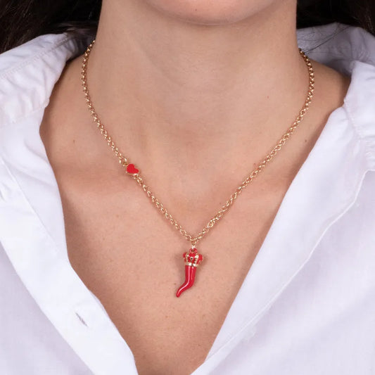 AMO NAPOLI - COLLANA IN METALLO DORATO CON CORNO ROSSO E CORONA