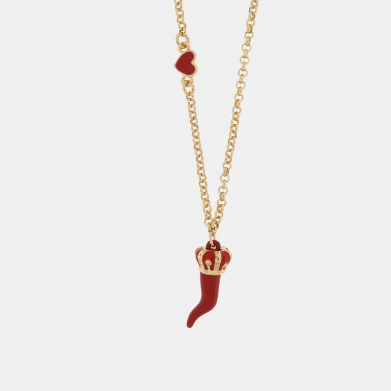 I LOVE NAPLES - GOLD-PLATED METAL NECKLACE WITH RED HORN AND CROWN