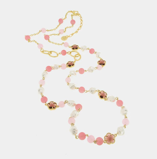 AMO VENEZIA - COLLANA IN METALLO CON CRISTALLI A FORMA DI FIORE ROSA E PERLE